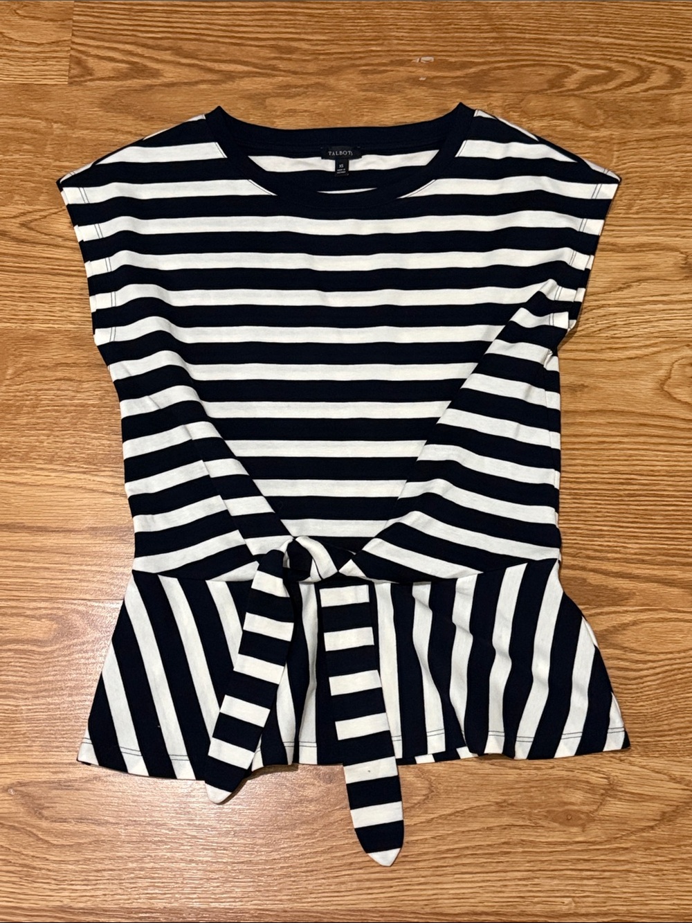 Talbots Navy and White Striped Tie-Front Knit Blouse